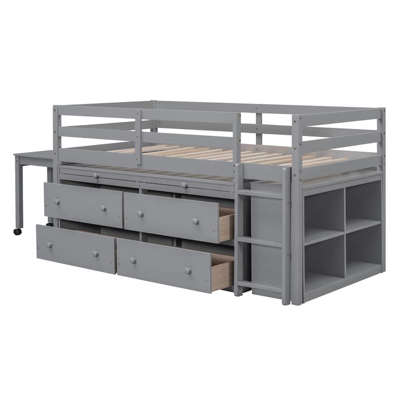 Twin Size Solid Wood Loft Bed with Retractable Desk and Drawers