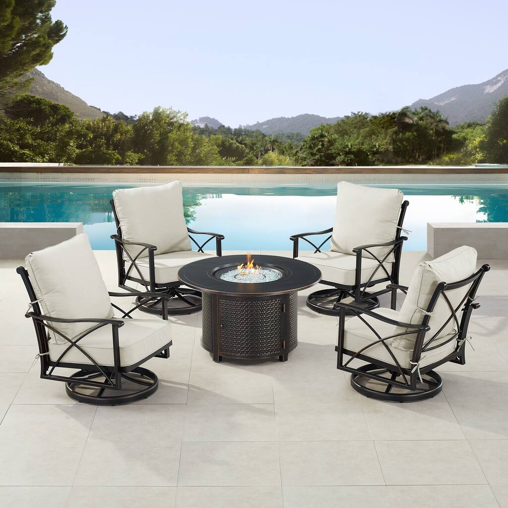 Black Aluminum Fire Table Set with Four Club Chairs