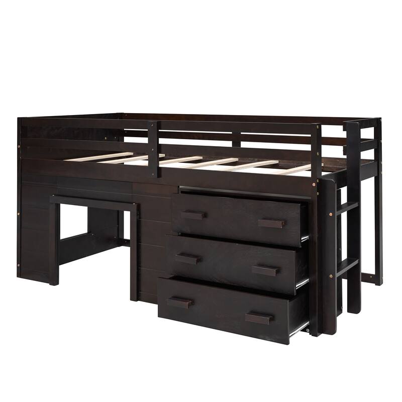Twin Size Loft Bed with Cabinet and Shelf in Espresso, Gray, or White
