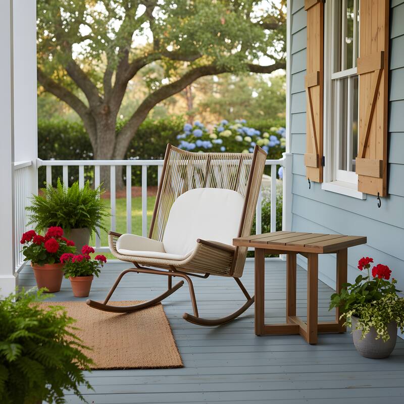 Christopher Knight Home - Modern Outdoor Metal Frame Woven High Arc Backrest Rocking Chair and Solid Acacia Wood Side Table Set - Brown+Beige+Teak Finish - 2-Piece Set