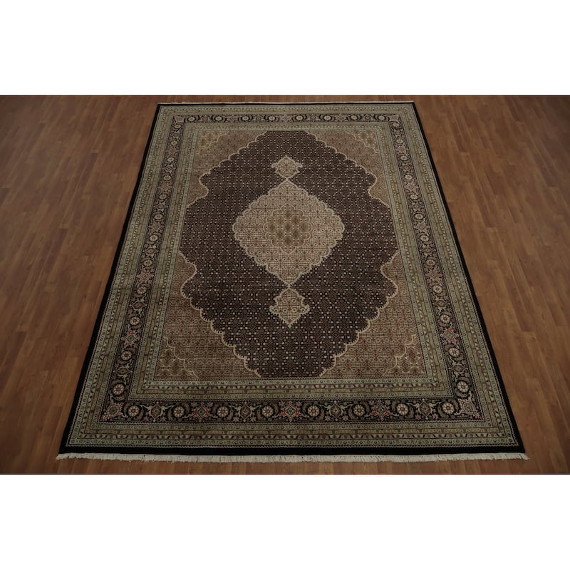 Hand Knotted Oriental 100% Wool Carpet Traditional Floral Black Tabriz-Mahi Area Rug - 12' 1'' X 8' 11''
