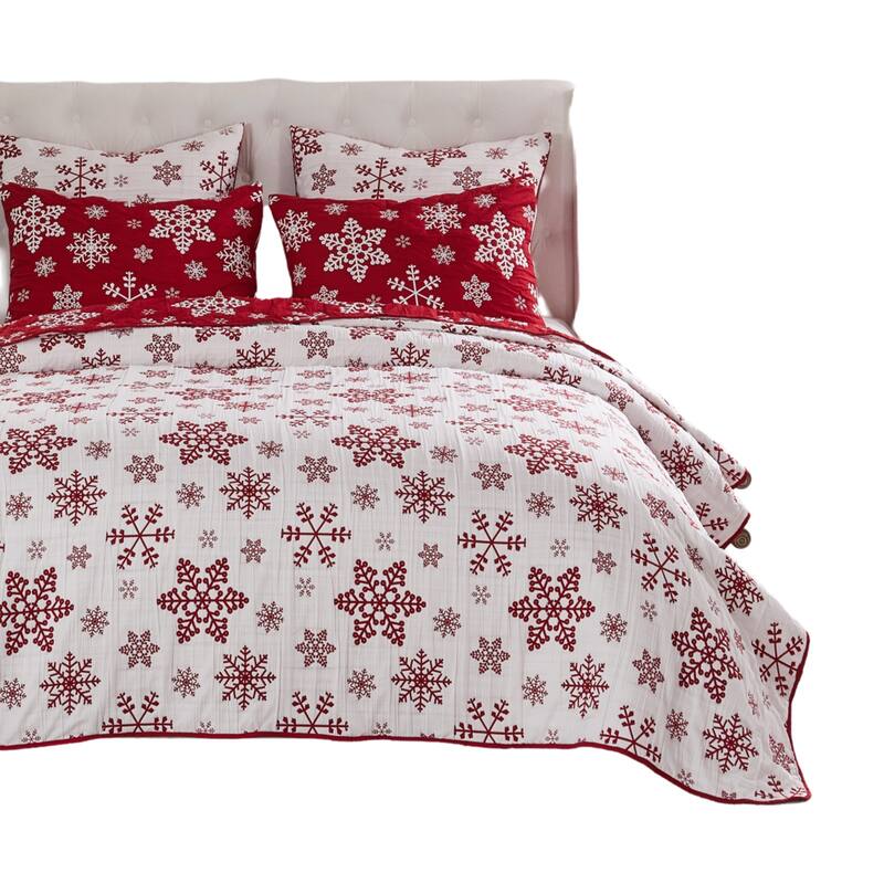 Flok 2 Piece Twin Quilt Set, Red and White Polyester, Snowflake Theme