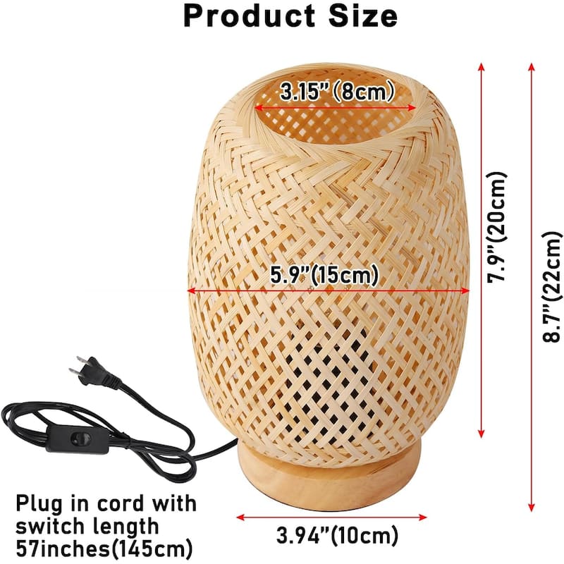 Farmhouse Natural Bamboo Rattan Table Lamp, Boho Handmade Woven Wooden Nightlight with, Industrial Wicker Desk Light Bedroom