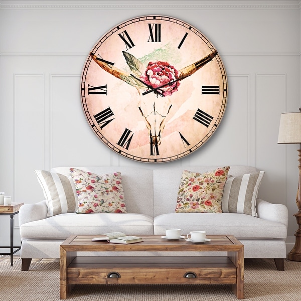 Designart 'Bull Skull and Flower' Floral Wall CLock. Opens flyout.
