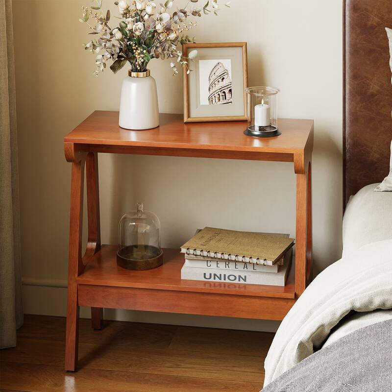 Solid Wood End Table with Storage Shelf, Narrow 2-Tier Side Table