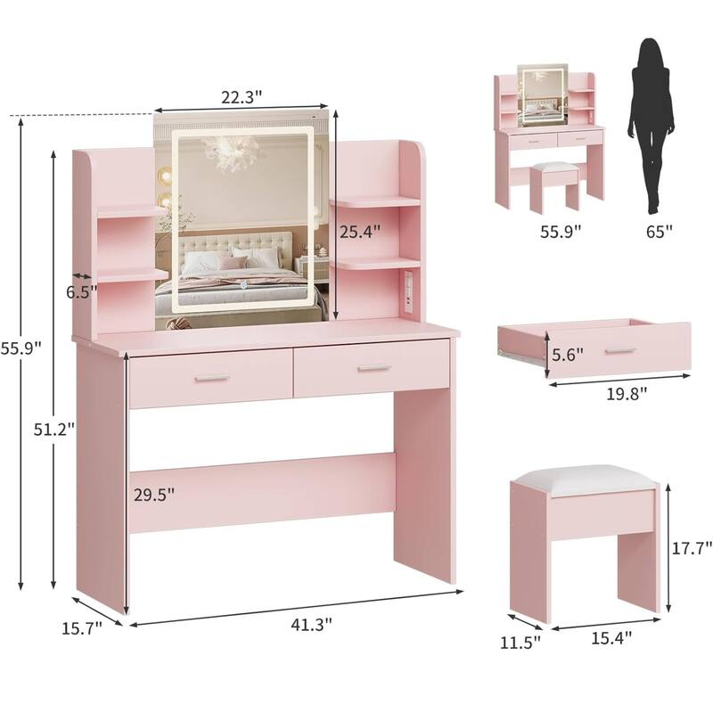 Vanity Desk with Lighted Mirror and 6 Storage Shelves