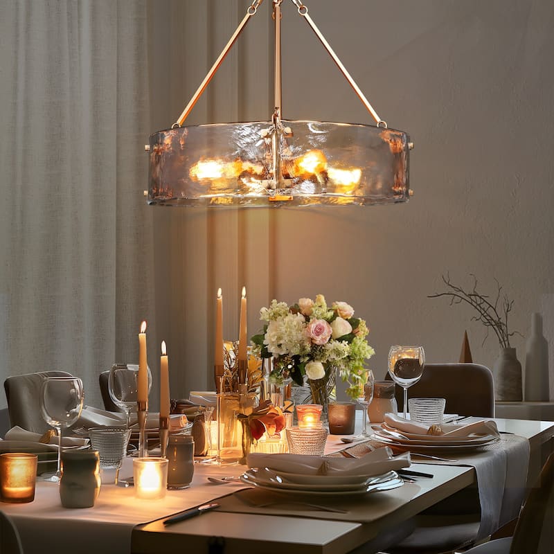 Modern 4-Light Gold Drum Chandelier Textured Glass Pendant Kitchen Island Lights for Dining Room - 19.5" D x 19" H