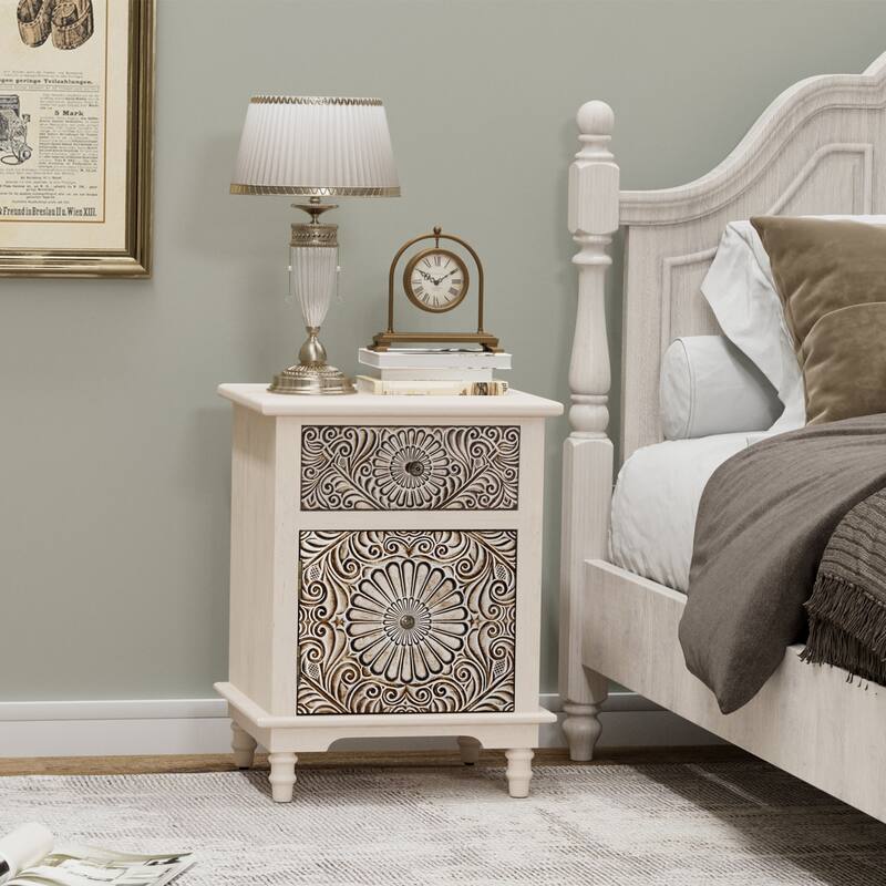 COSIEST Vintage Accent Nightstand End Table w Chest, Drawer - Flower