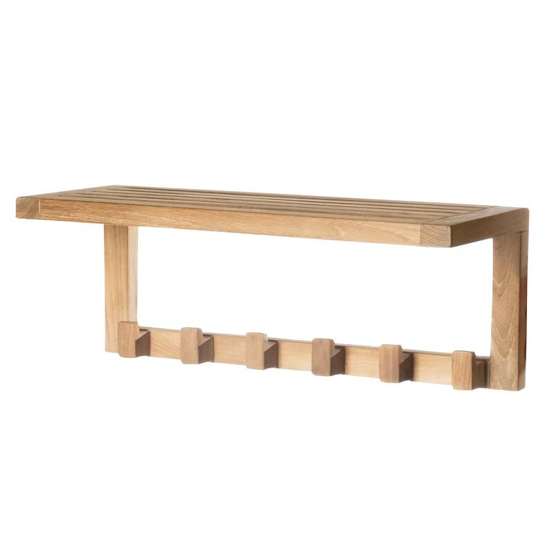 Teak Wall Shelf with 6 hooks