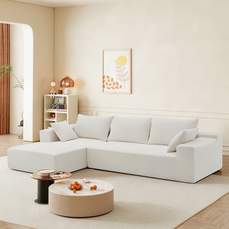 L-shape Chenille Fabric Sofa Multiple Cushions Sectional Couch - Cream