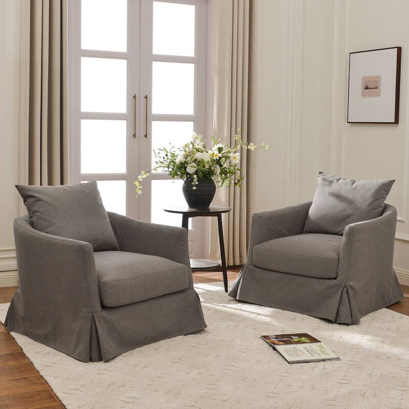 KINWELL 32" W Down Fill Upholstered Slipcovered Swivel Barrel Accent Armchair - Slate Grey - Set of 2