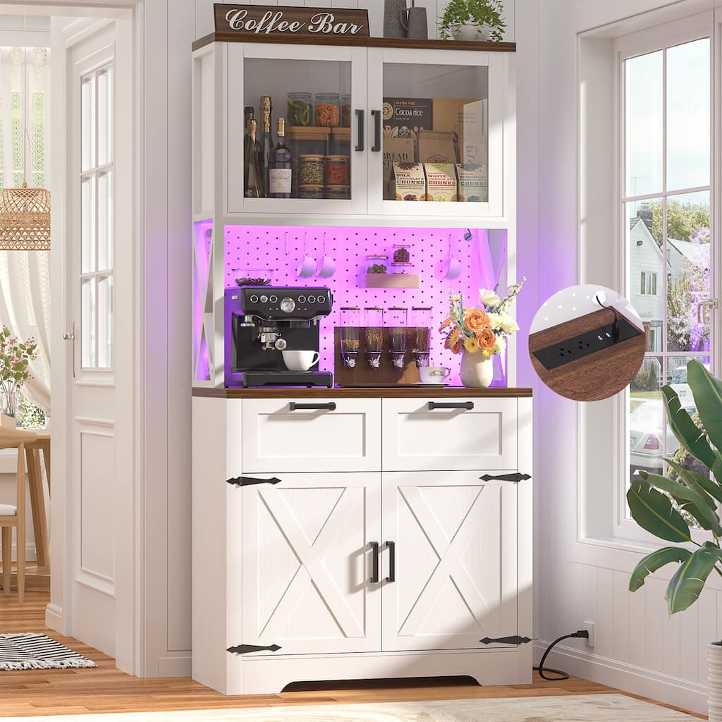 71" Kitchen Pantry Storage Cabinet with LED Light & Power Outlet, Freestanding Buffet Cabinet with Microwave Stand and Doors