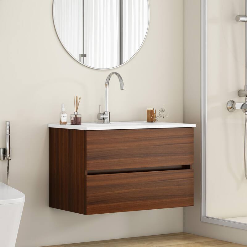 Wall-Mounted Walnut Bathroom Vanity with Double Drawers, Integrated Ceramic Sink, 32 Inch - 32 Inch