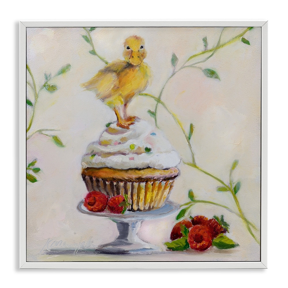 Stupell Baby Duck on Raspberry Cupcake Dessert Painting Framed Wall Art, 12x12