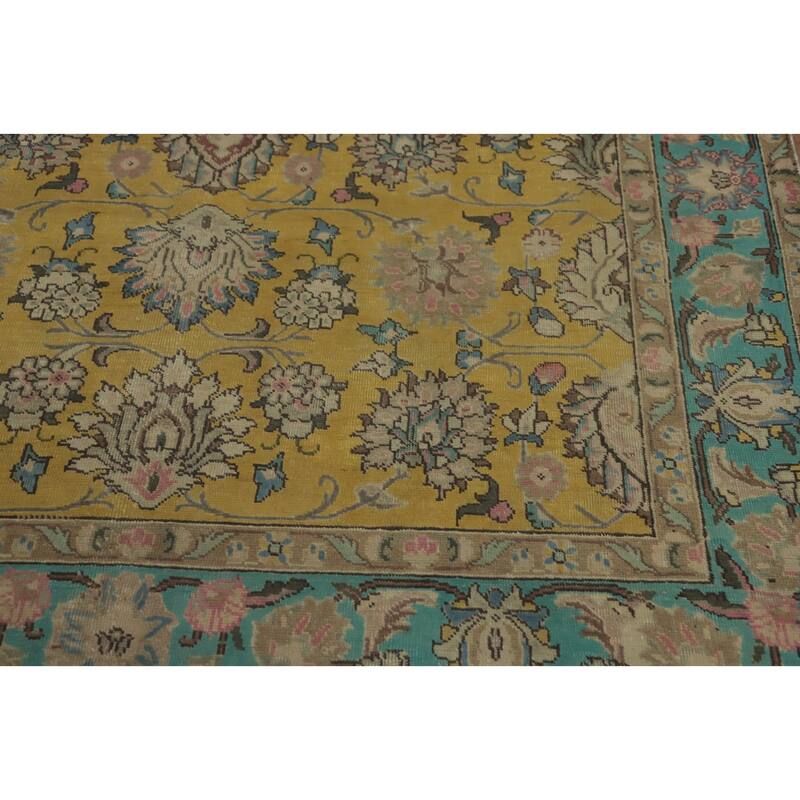Hand Knotted Oriental 100% Wool Carpet Traditional Floral Yellow & Gold Tabriz Area Rug - 9' 0'' X 6' 4''