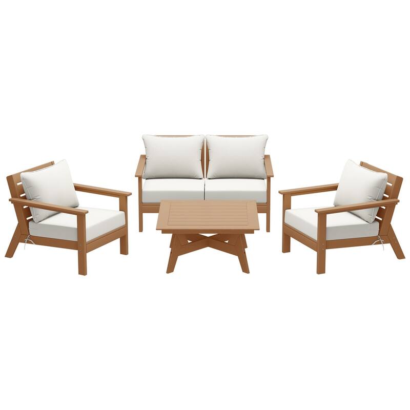 Birchwood All Weather HDPE Outdoor Patio Teak Deep Seating Conversation Set (5-Piece Set)