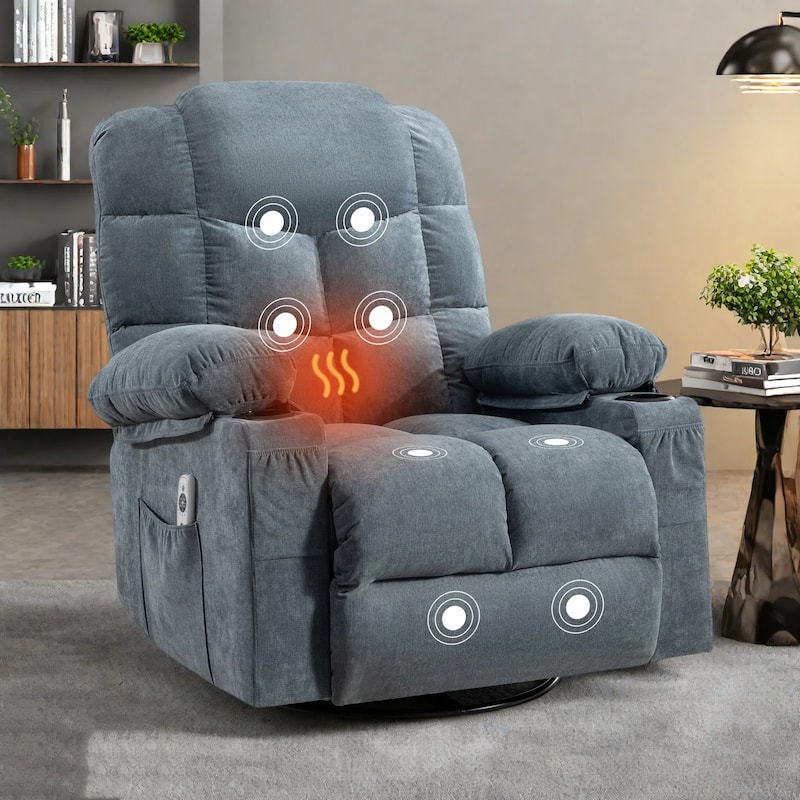 Oversized Linen Manual Rocker Recliner Chair with Massage and Heat, 2 Cup Holders, USB Charge Port - Blue