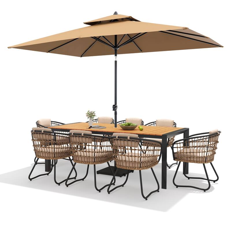 9/11-Piece Outdoor Dining Set Aluminum Table and Rattan Chairs w/10 ft Market Umbrella and Base