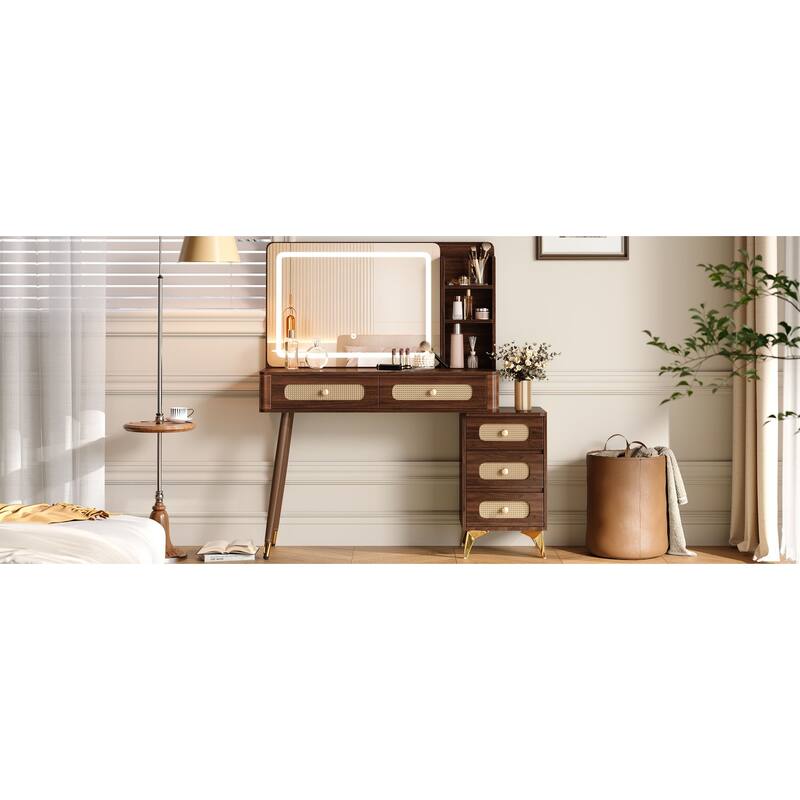 Makeup Vanity with Mirror & Lights, 3 Color Lighting Modes Adjustable Brightness, Dressing Table with 5 Drawers & Storage Shelf
