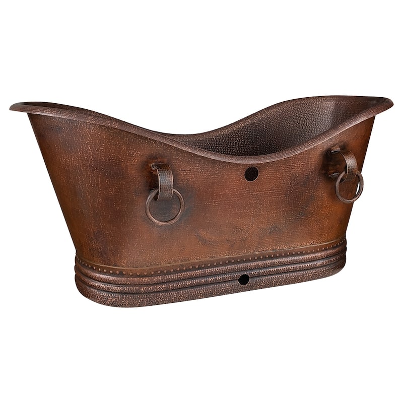 67" Hammered Copper Double Slipper Bathtub with Rings and Overflow Holes and Drain Package