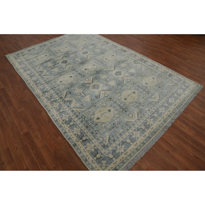 Hand-knotted Transitional Silk Carpet Blue Oushak Rug Geometric Oriental Area Rug - 9' 10'' X 6' 6''