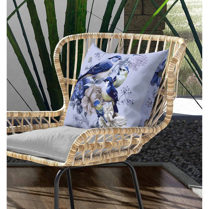 Petal Perched Birds Indoor/Outdoor Reversible Throw Pillow Skyblue and Lavender