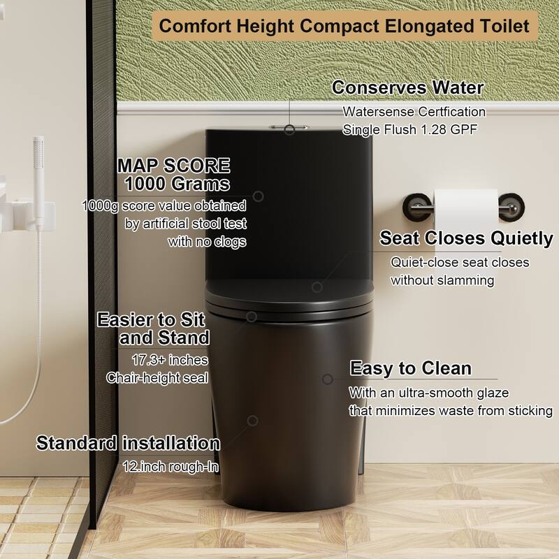 Anmytek Matte Black One Piece Toilet with Tornado Dual Flush and Soft Closing Seat ADA Height Siphonic S Trap 12 Inch Rough In