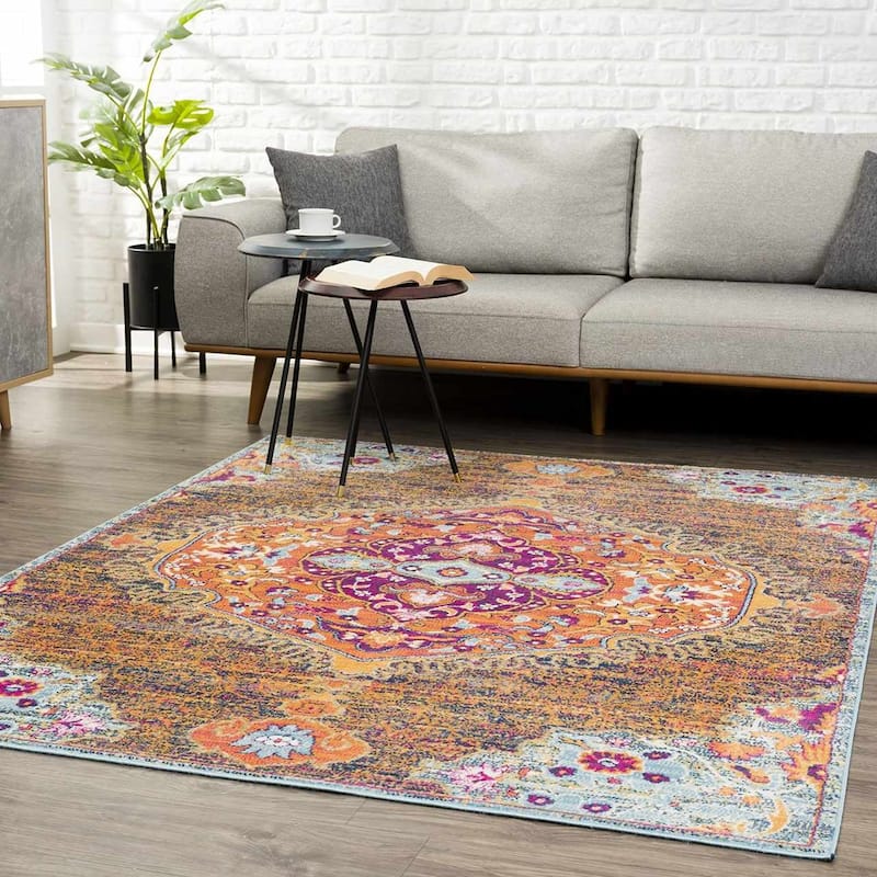 Tigris Pasha Oriental Medallion Bohemian Vintage Distressed Area Rug - 6'7" x 9' - Orange, Dark Grey