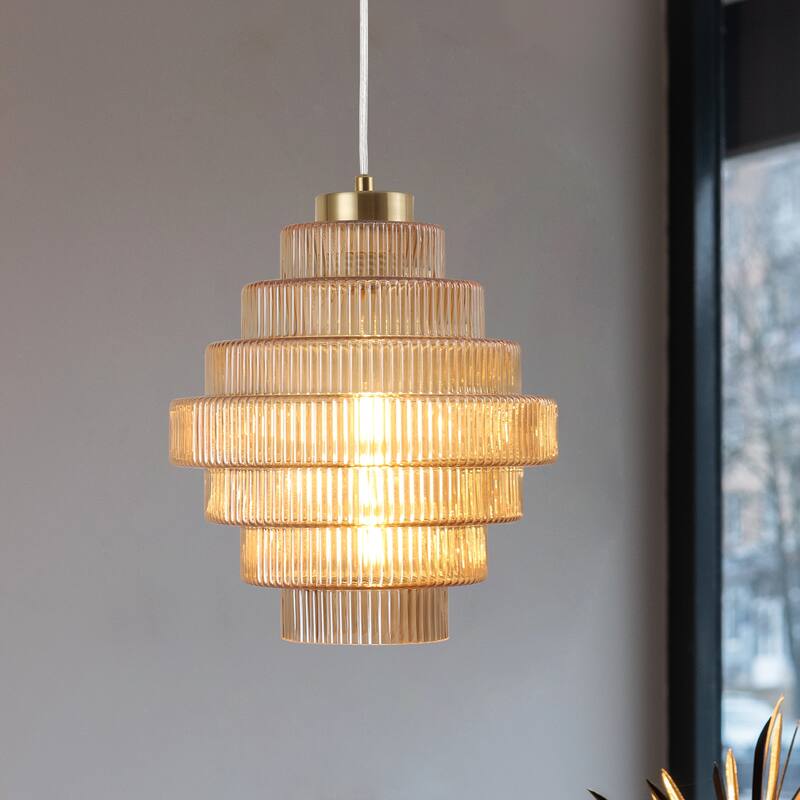 1-Light Classic Pendant Light with Glass Shade, Semi Flush Mount Chandelier for Dining Room Living Room Bedroom Kitchen - Gold\Amber