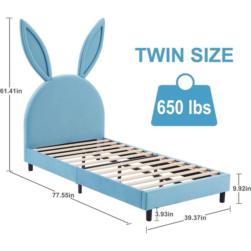 Javlergo Twin Size Kids Bed Frame with Cute Ears Velvet Headboar No Box Spring Required Bed Children's Bed