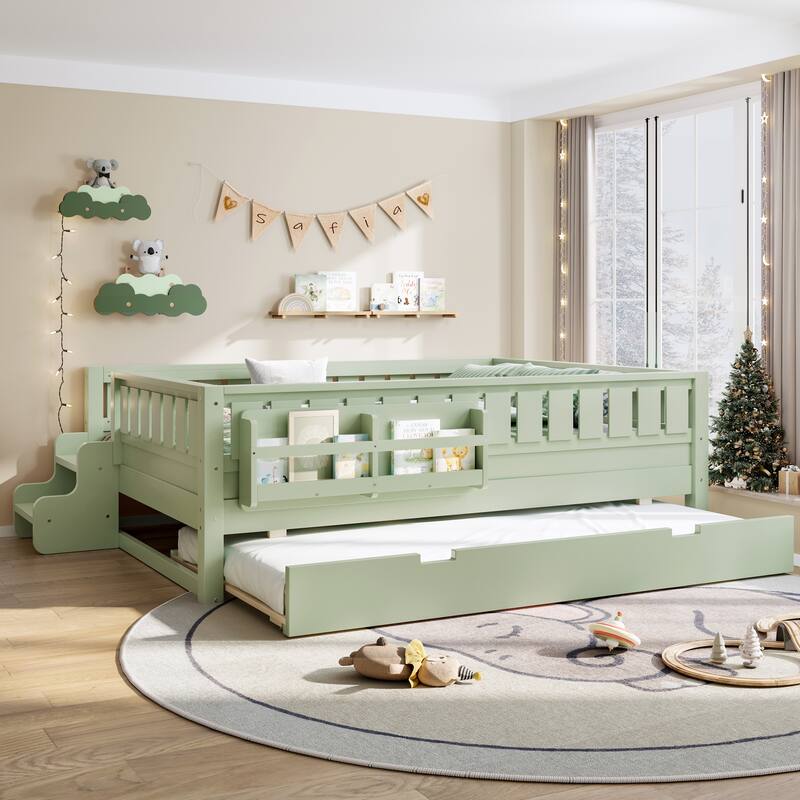 Full with Built-in Bookshelves and Small Staircase, High-Quality Safety Rails, and Trundle