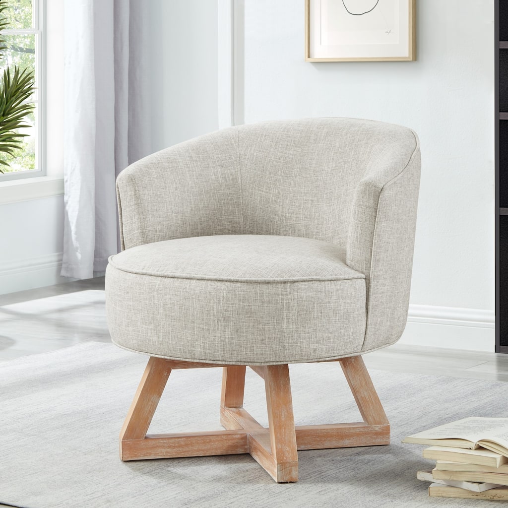 Light Gray Modern 27" Linen Upholstered 360° Swivel Barrel Chair with Cross-Shaped Base and Solid Wood Legs