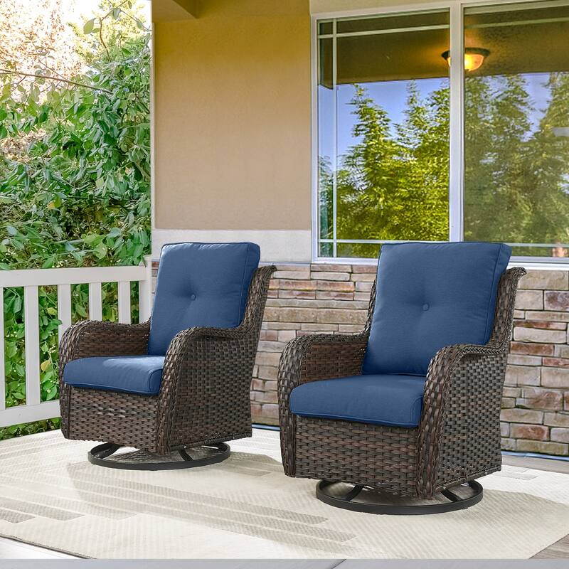 ArcoBay Wicker PE Rattan Outdoor Patio Swivel Glider Chairs with 4'' Olefin Cushions (2-Pack) - Brown Wicker - Navy Blue