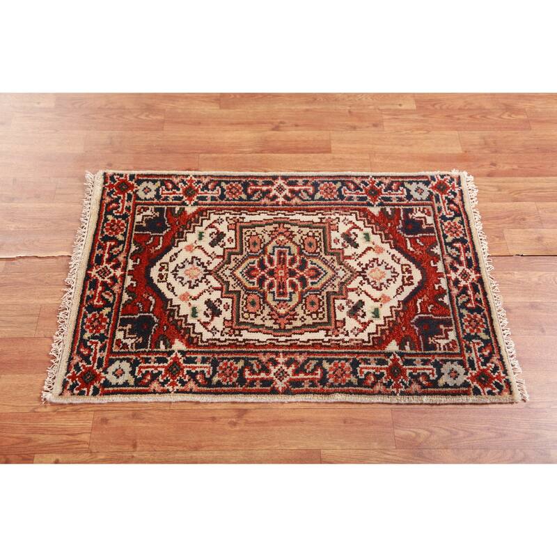 Hand Knotted Oriental 100% Wool Carpet Traditional Medallion Beige & Ivories Heriz (serapi) Area Rug - 3' 0'' X 2' 0''