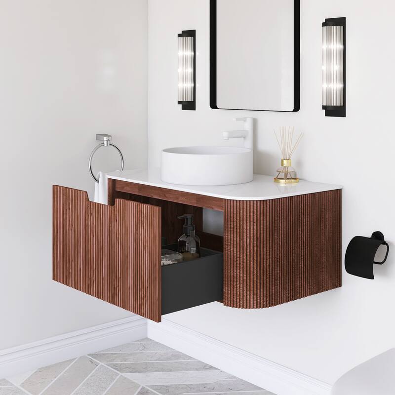 Plywood Wall-Mounted Bathroom Vanity Set with Integrated Ceramic Sink in Natural Wood
