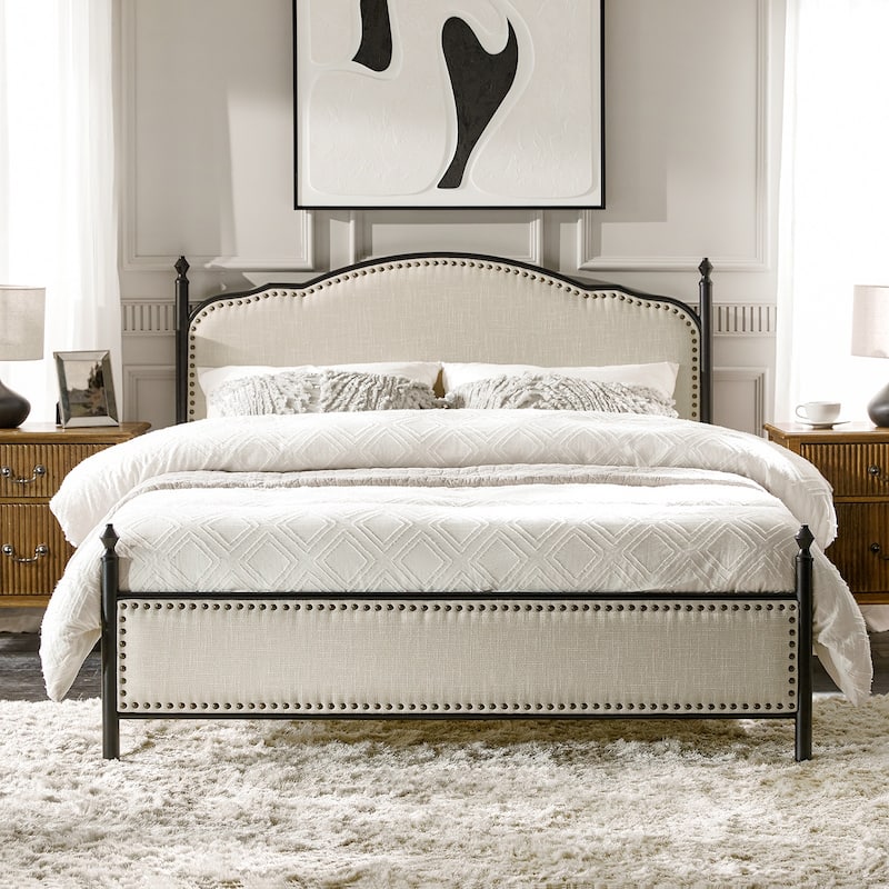 Dimas Modern Queen Size Upholstered Platform Bed with Metal Legs - Beige