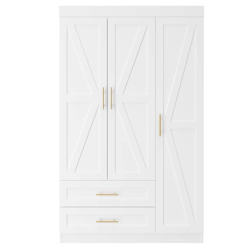 Classic Three-Door Wardrobe,Wood Bedroom Armoire with Hanging Rod and Shelves,Spacious Storage Closet,Modern Farmhouse Design - White