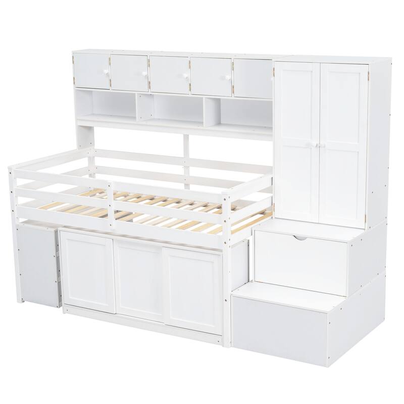 Twin Size Wooden Loft Bed with Integrated Wardrobe, Under-bed Desk, and Shelves