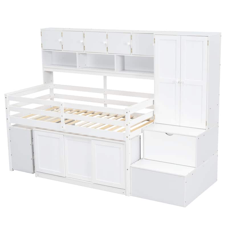 Wooden Loft Bed with Integrated Wardrobe, Under-bed Desk, Drawers, with Shelves