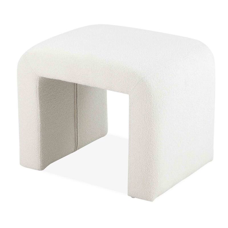 Jea 24 Inch Accent Stool, Soft Cushioned Seat, White Boucle, Panel Legs