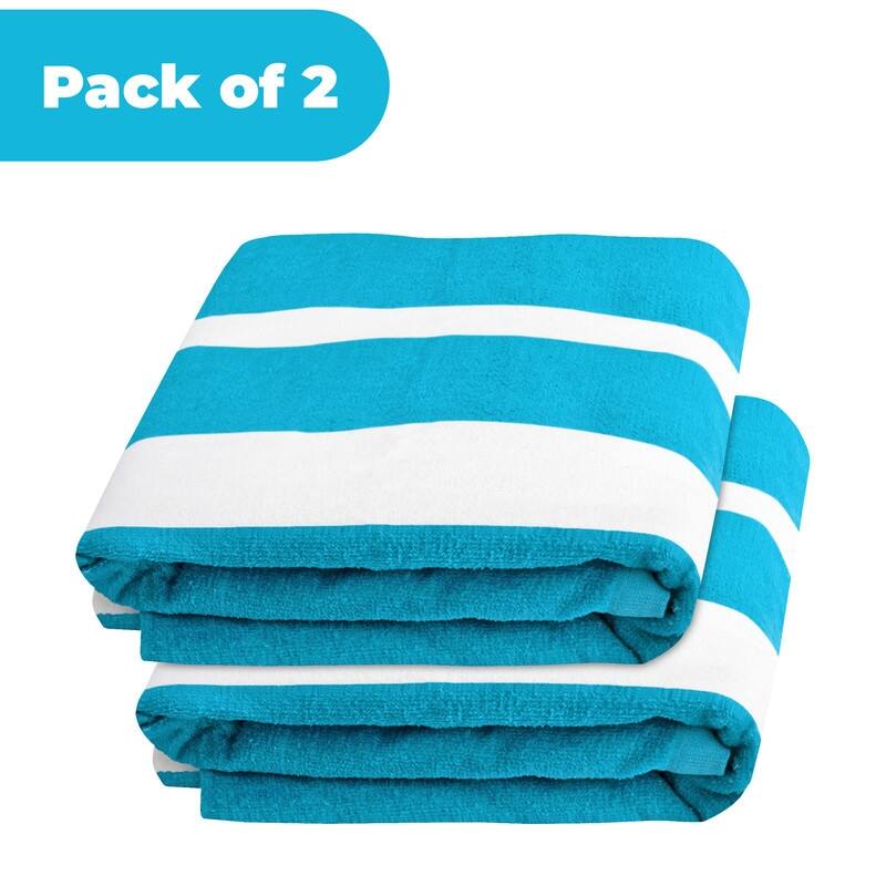 100% Cotton Cabana‑Stripe Lounge Chair Cover Terry Towel with Fitted Pocket & Back Flap Set of 2