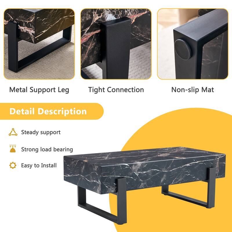 47.2" Modern Rectangular Coffee Table with Black Metal Legs and Anti-Slip Bottom Design