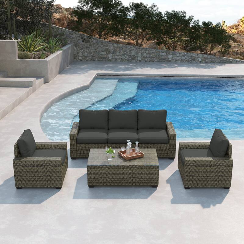 6 Pieces Patio Rattan Conversation Furniture Set with Coffee Table - Dark Grey