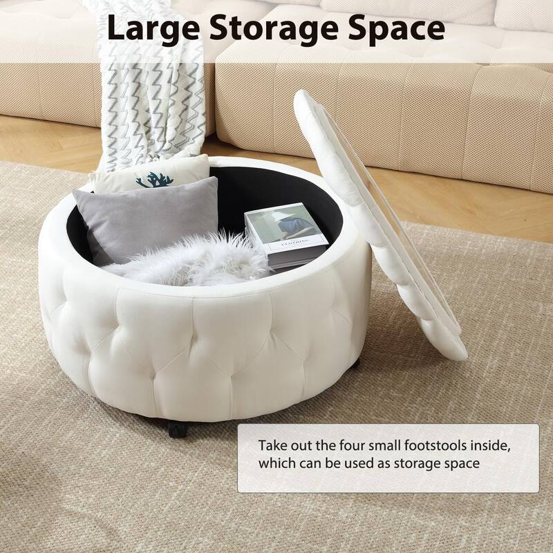 36" Wide Storage Ottoman Large with 4 Wheels,Rolling Ottoman with Removable Lid, Inside 4 Stools/Taborets