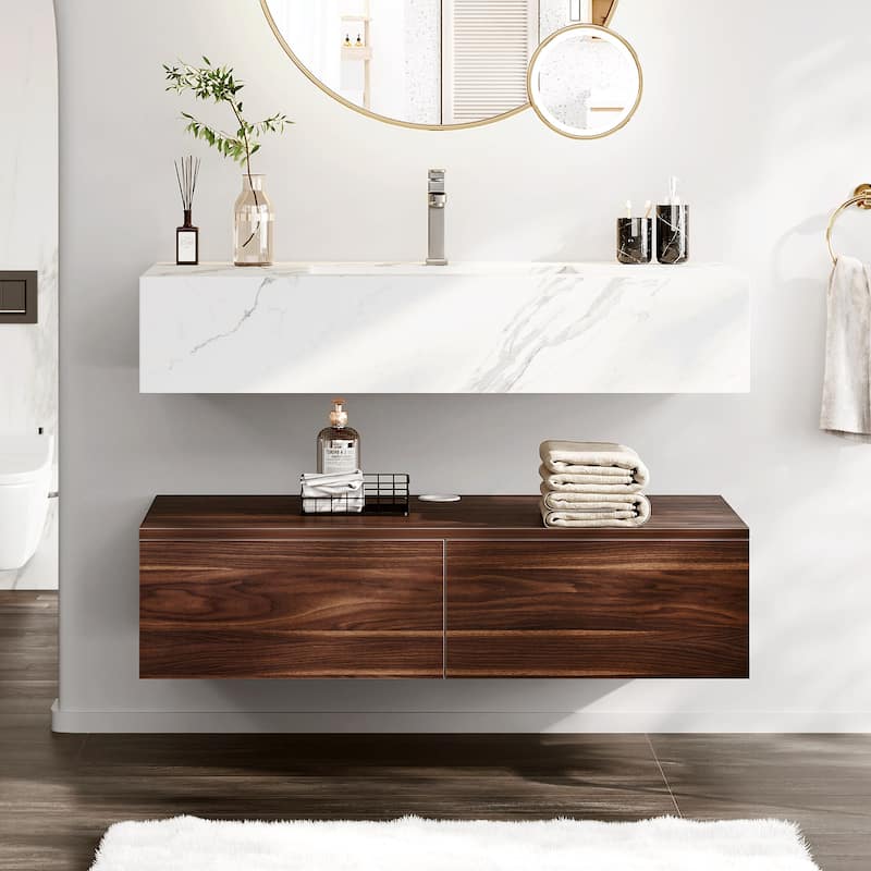 39" Single Bathroom Vanity Set Wall Mounted Marble Top Cabinet with 2 Drawers - Brown