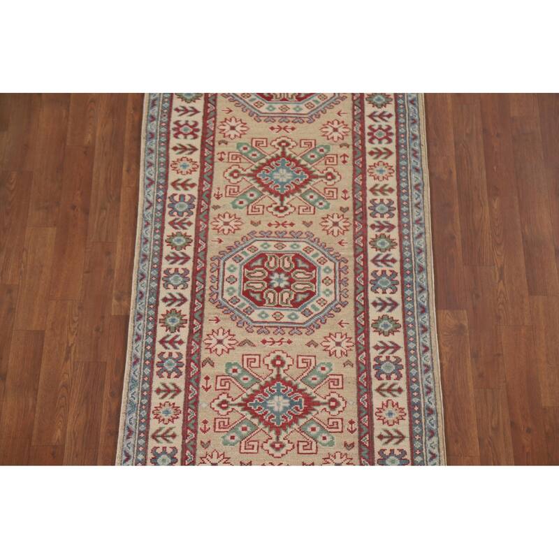 Hand Knotted Oriental 100% Wool Carpet Traditional Geometric Beige & Ivories Kazak Runner Rug - 12' 9'' X 2' 9''