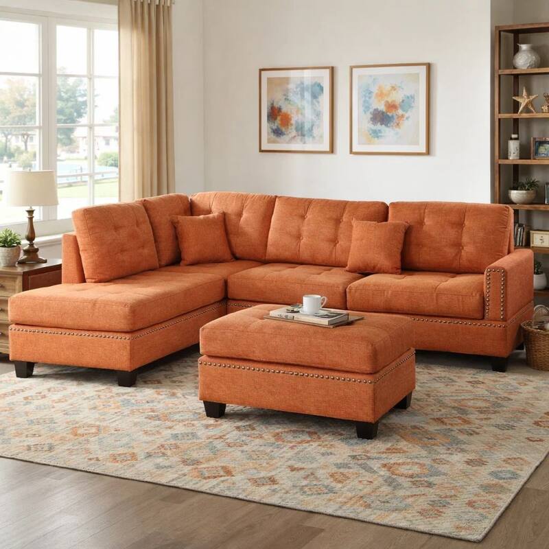 3-Piece Orange Fabric 4-Seater L-Shaped Sectional Sofa with Wood Legs