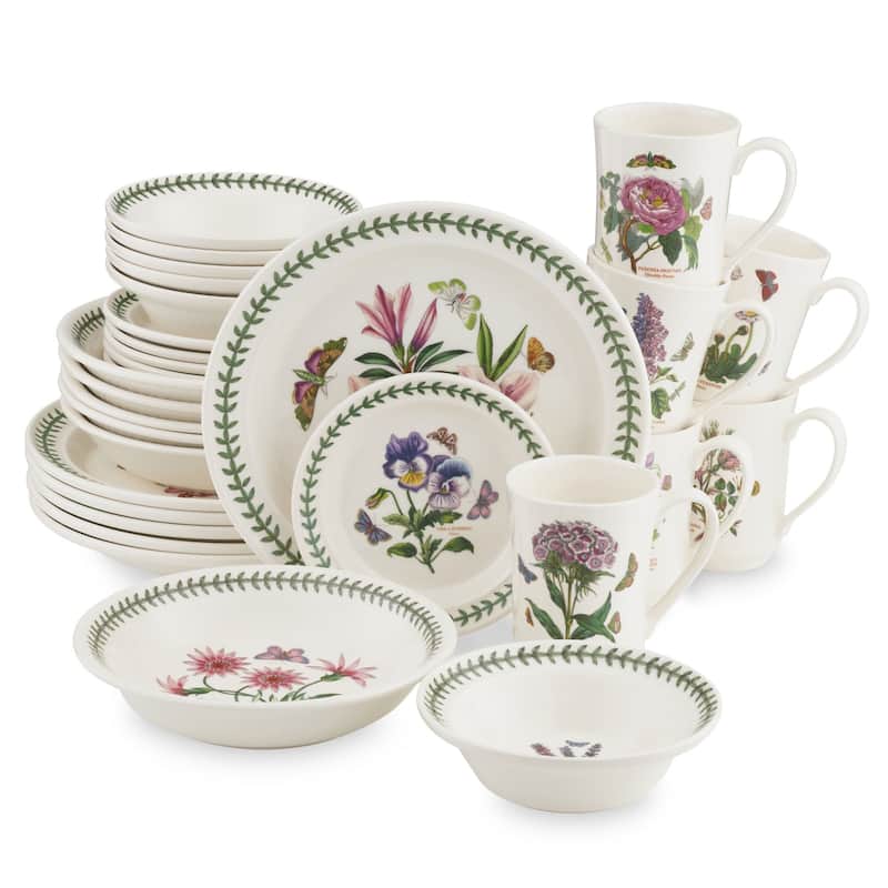 Portmeirion Botanic Garden 30-Piece Dinnerware Set - White and Floral Designs - Floral Motifs