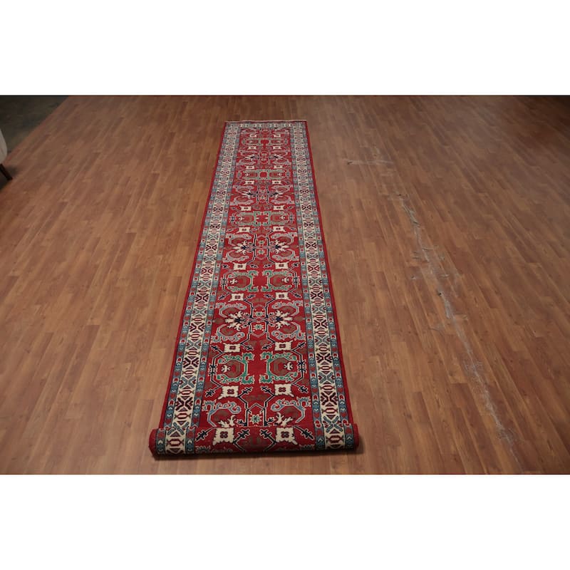 Hand Knotted Oriental 100% Wool Carpet Traditional Geometric Red Heriz (serapi) Runner Rug - 15' 10'' X 3' 0''