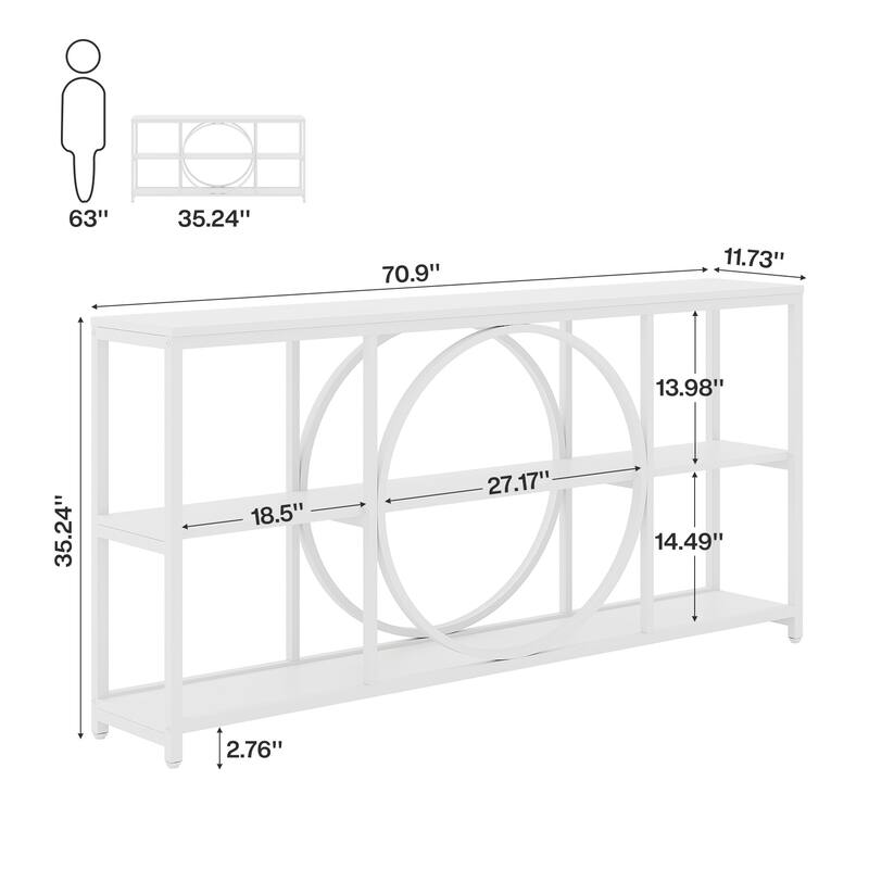 Extra Long Console Table, 70.9 inch Narrow Sofa Tables with 3 Tier Wood Storage Shelves, Rustic Brown Black - 11.75" * 70.9"
